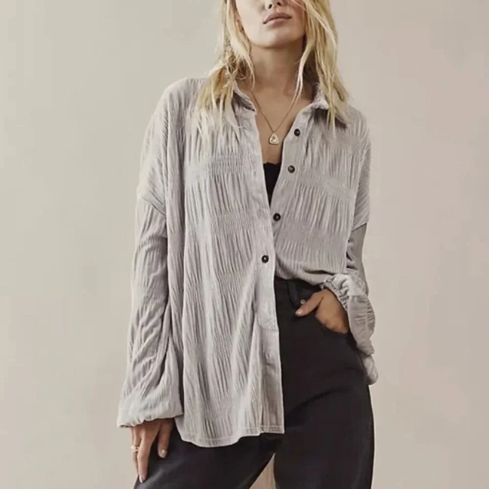 Free People My Best Top Winter Fog Grey Velvet Button Down Tunic Size Medium